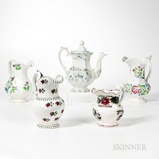Four English Hand-painted Pitchers and a Large Hand-painted Coffeepot