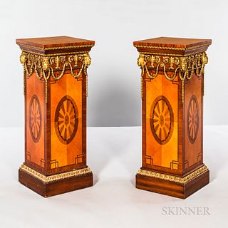 Pair of Neoclassical-style Gilt-metal-mounted Marquetry Pedestals