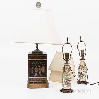 Two Chinese Rose Medallion Vases Mounted as Lamps and a Tin Tea Cannister Mounted as a Lamp