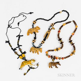 Three Carved Wood Polychrome-painted Animal Necklaces.