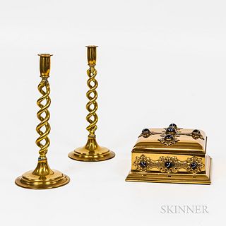 Pair of Brass Barley-twist Candlesticks and a Brass and Glass-inset Lidded Box