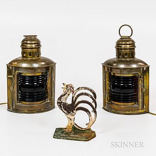Pair of Port and Starboard Brass Lanterns and a Cast Iron Painted Rooster Doorstop