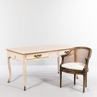 Louis XV-style White-painted Bureau Plat and a Louis XVI-style Beechwood and Caned Chair.