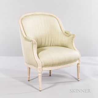 Louis XV-style White-painted and Green-upholstered Bergere