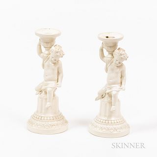 Pair of Modern Mintons Creamware Figural Candlesticks