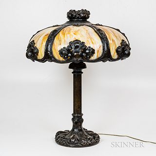 Large Lamp with Domed Slag Glass and Patinated Metal Overlay Shade