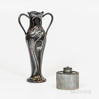 Art Nouveau German Pewter Handled Vase and a Solkets Pewter Tea Cannister