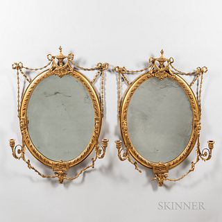 Pair of Neoclassical Giltwood Mirrors with Sconces
