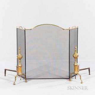 Pair of Brass Andirons with a Shaped Gallery and a Modern Folding Fire Screen.