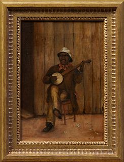 American School, "The Seated Banjo Player," 19th c., oil on canvas, unsigned, presented in a gilt frame, H.- 14 1/8 in., W.- 10 in., Framed H.- 18 1/4