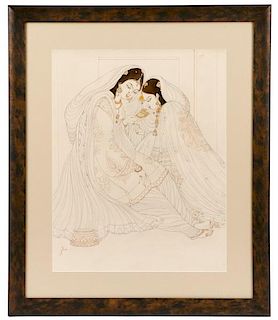 Chughtai Signed Watercolor, Two Sisters