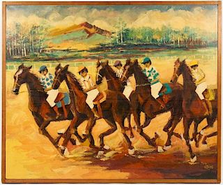Modernist Painting, Horse Racing, Signed "Davis"