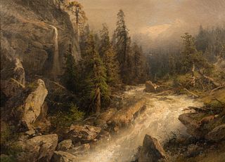 Hermann Herzog (American/German, 1832-1932), Rushing Mountain Stream with Foreground Fox