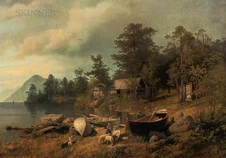 Hermann Herzog (American/German, 1832-1932), Mountain Lakeshore with Farm Couple, Livestock, Dinghies, and Barn