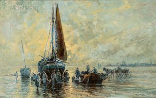 Arthur Vidal Diehl (American, 1870-1929), Net Fishermen with Boats Along a Shore