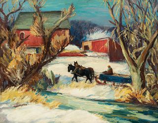 Tod Lindenmuth (American, 1885-1976), Snowy Farm with Horses and Sledge