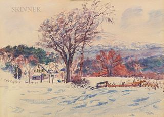 Dodge Macknight (American, 1860-1950), Two Winter Landscapes: Village with Horse-drawn Sleighs and Snowy Fields and Farmhouse