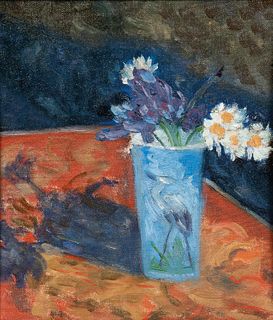 American School, 19th/20th Century, Flowers in a Blue Vase Decorated with a Heron