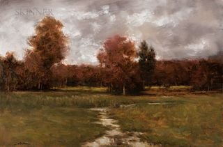 Dennis Sheehan (American, b. 1950), Autumn Trees and Field Under Breaking Clouds