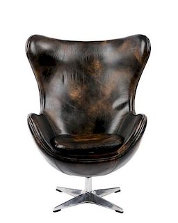 Modernist Style 'Egg' Lounge Chair w/Brown Leather