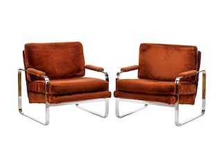 Pair of Modernist Chrome & Brown Velvet Armchairs