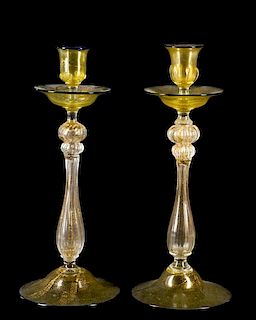 Pair of Venetian Hand Blown Glass Candlesticks