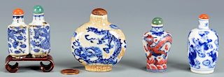 4 Chinese Blue & White Porcelain Snuff Bottles