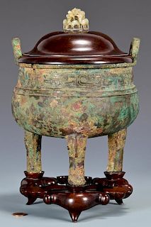 Chinese Archaistic Bronze Censer, Jade Finial