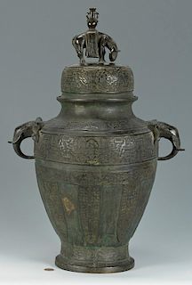 Large Chinese Bronze Lidded Urn w/ Elephants