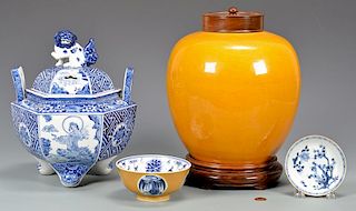 4 Asian Blue and Yellow Ceramic Items