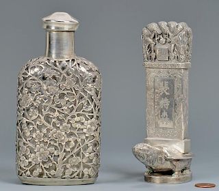 2 Chinese Export Silver Items, Flask & Miniature Bixi Stele