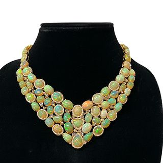 18K Cabochon Opal Diamond Yellow Gold Bib Necklace
