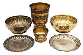 Six Puiforcat Sterling Silver Items, to include a pair of gold wash flower bowls marked Puiforcat Paris, along with a gold wash cup and footed salts m