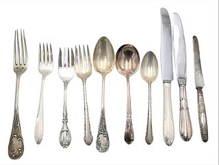 Sterling Silver Flatware, in various patterns, 145 pieces to include 40 forks, 34 spoons, 11 butter knives, 3 ladles, 1 ice shovel, 49 knives, 7 servi