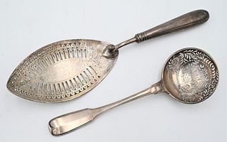 Two Piece Silver Lot, to include Seves strainer ladle, one large fish server, probably Swedish 18th - early 19th century, ladle length 9 1/2 inches, f