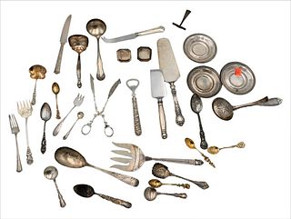 Sterling Silver Flatware and Excetra, to include 12 various spoons, 4 forks, 5 casters, 2 name cards, 1 sterling knife, 1 ice shovel, 2 serving, and 2