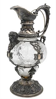 German Rococo Figural Silver and Etched Glass Claret Jug, having silver spout handle and base with bust of a bearded man on the front, base marked 800