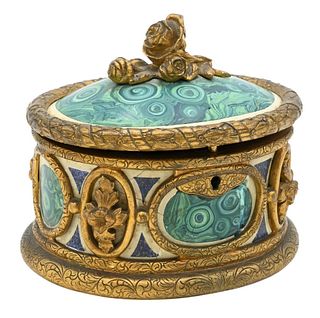 French Gilt Bronze Jewelry Box, stone with bronze mounts marked Tahan Paris, cracked and chipped, height 3 1/2 inches.