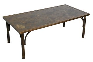 Philip and Kelvin Laverne Coffee Table, having rectangular bronze top on round legs and supportive stretchers, height 17 1/2 inches, top 48" x 24".