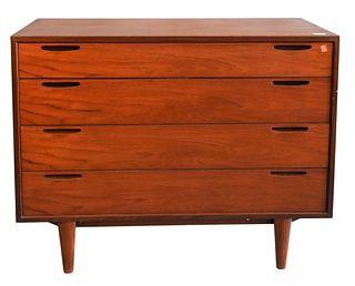 Ib Kofod Larsen Free Standing Teak Four Drawer Chest, stamped Made in Denmark, Imported by Selig, height 30 inches, depth 17.75 inches, width 39.5 inc