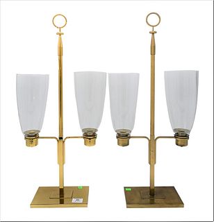 Pair of Brass Candelabras, with glass hurricane shades, possibly Tommi Parzinger, height 27.5 inches