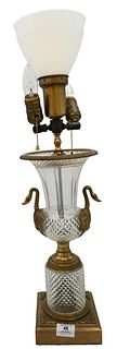 Baccarat Crystal Urn Form Table Lamp, having urn mounted with swan handles on cylindrical base and square foot, height 26.5 inches.