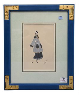 Romain Erte De Tirtoff (1892-1990), elegant costume with coat over dress, watercolor and gouache on paper, signed in ink lower right Erte, sight size 