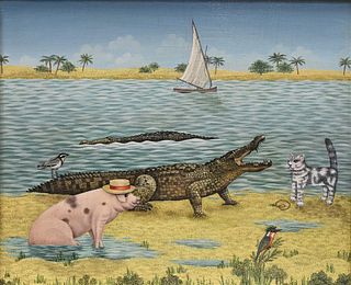 T. Thompson (20th century), Meeting a Crocodile, oil on panel, signed, titled and dated on a label adhered to verso "T. Thompson 1984 Meeting a Crocod