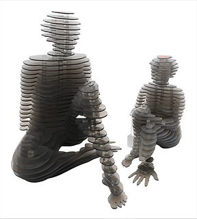 Artist Unknown, two layered plastic figural sculptures, tinted gray plastic figures in seated position, unsigned, heights 10.5 and 16 inches.