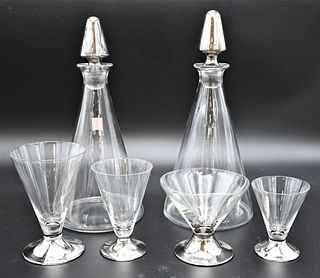 Silvered Glass Stemware and Decanters, to include 20 tall, 20 medium, 19 small, 18 champagne, 8 decanters with stoppers, and three bowls, total of 88 