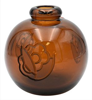 Jean Luce (1895-1964), amber glass vase with etched floral design, height 6 inches.
