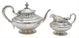 French Silver Teapot and Creamer, marked Mae Mayer Paris, (handle loose), teapot height 7 inches, creamer height 5 inches, 32 t.oz.