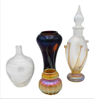 Four Art Glass Pieces, to include Zephyr Studios gold iridescent vase; Vandermark perfume; clear perfume, no stopper; along with a vase with painted f