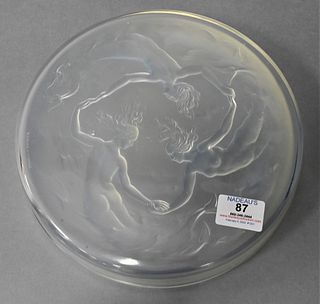 Large Sabino Art Deco Covered Dish, frosted glass top with three nude mermaids, diameter 10 inches.